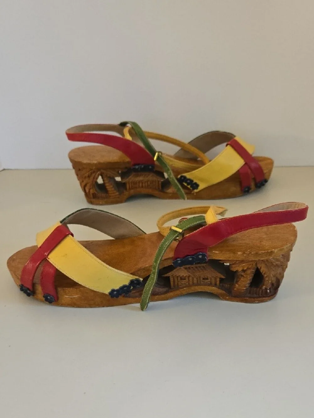 Vintage Hand Carved Wooden Wedge Sandals, Yellow Red Green Leather Straps Sz 7